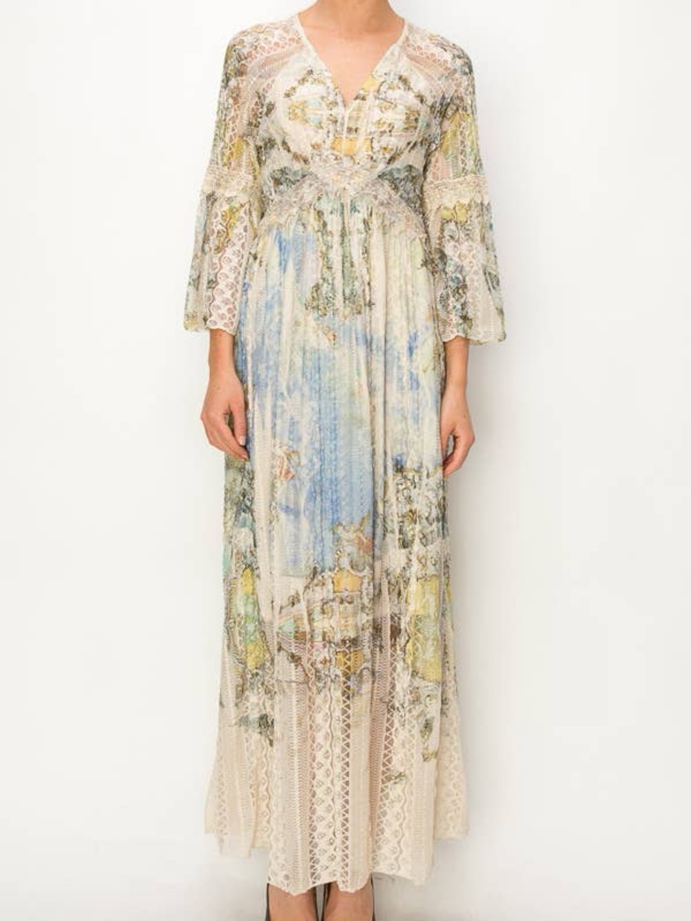 Origami by Vivian Romantic Lace Maxi Dress in Cream with Pastel Blue Accents